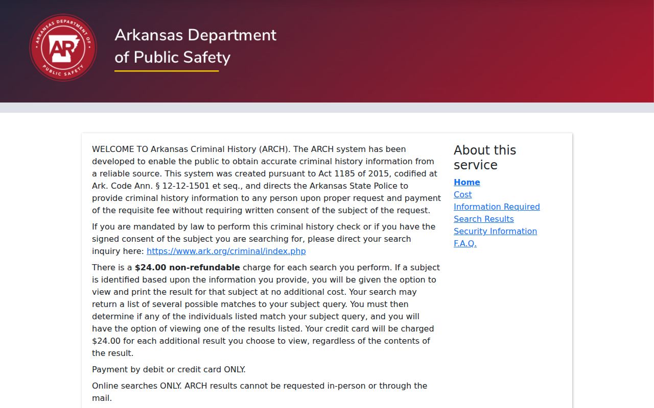 Yell County criminal history ARCH official search screen