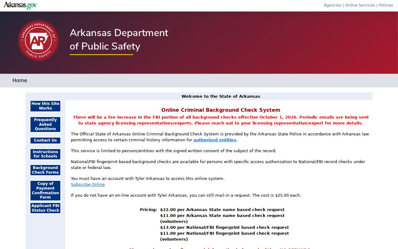 Yell County criminal history Arkansas CBC background check system