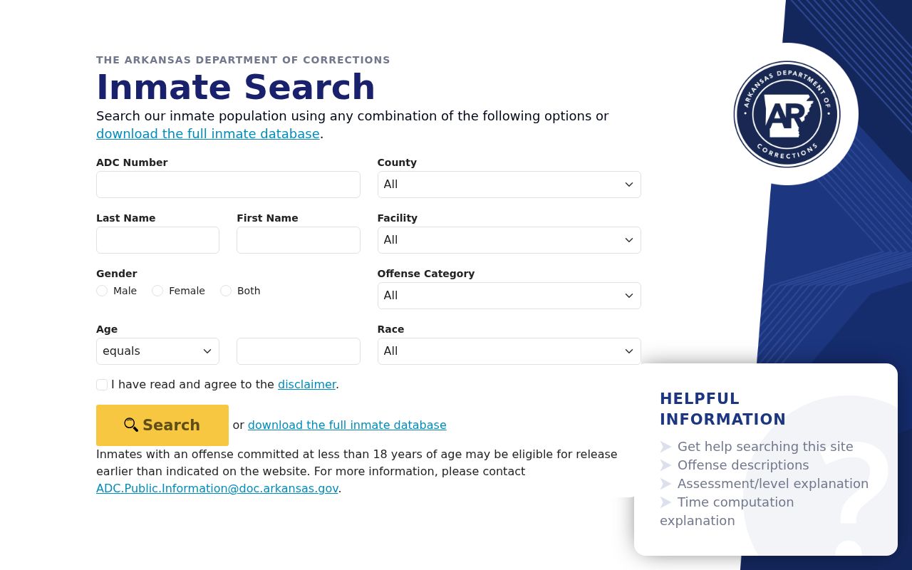 Yell County criminal history Arkansas Department of Corrections inmate search