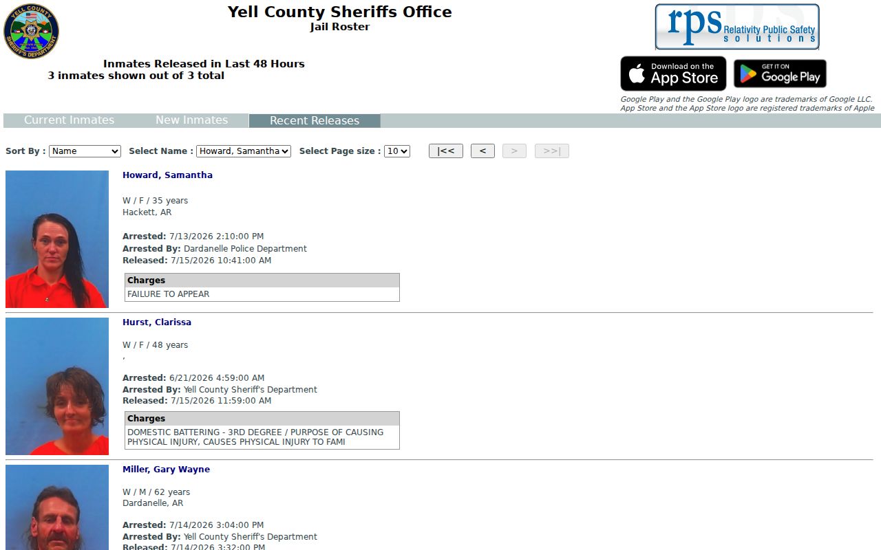 Yell County recent release roster tab