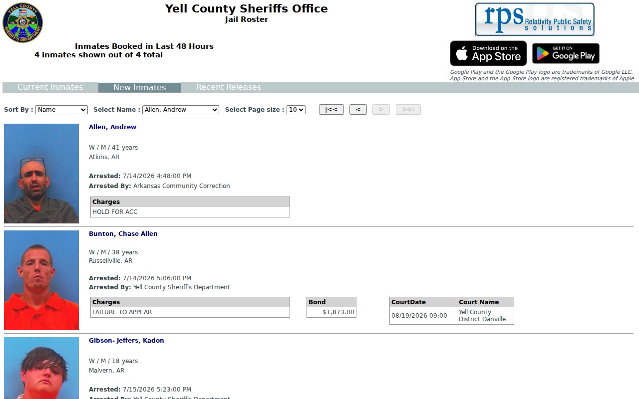 Yell County new inmate roster tab