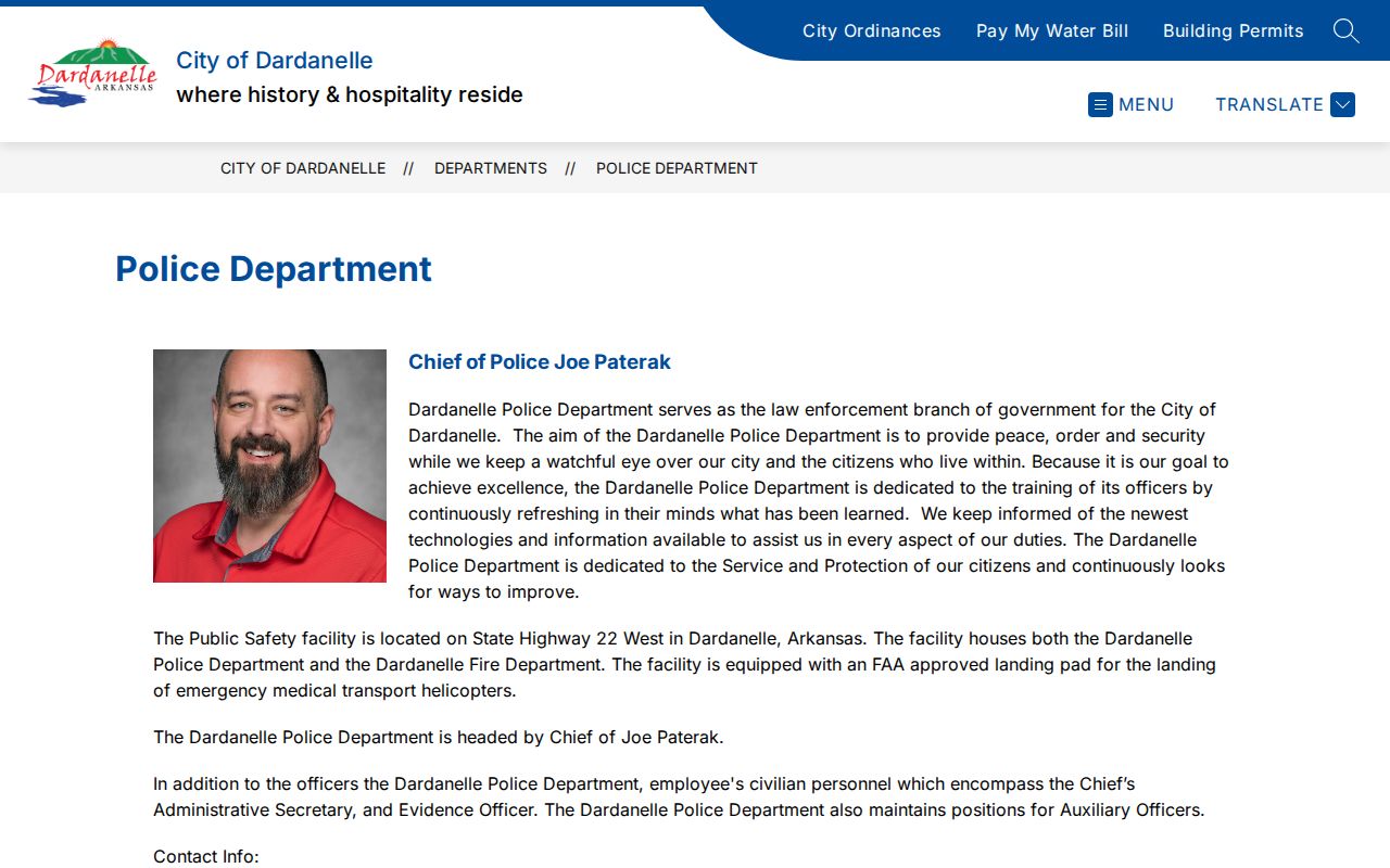 Dardanelle Police Department page used to route police record requests